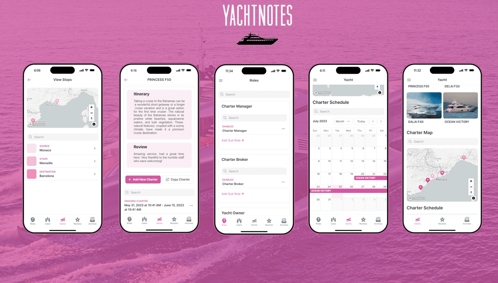 YACHTNOTES — Roles, itineraries, and charter schedules